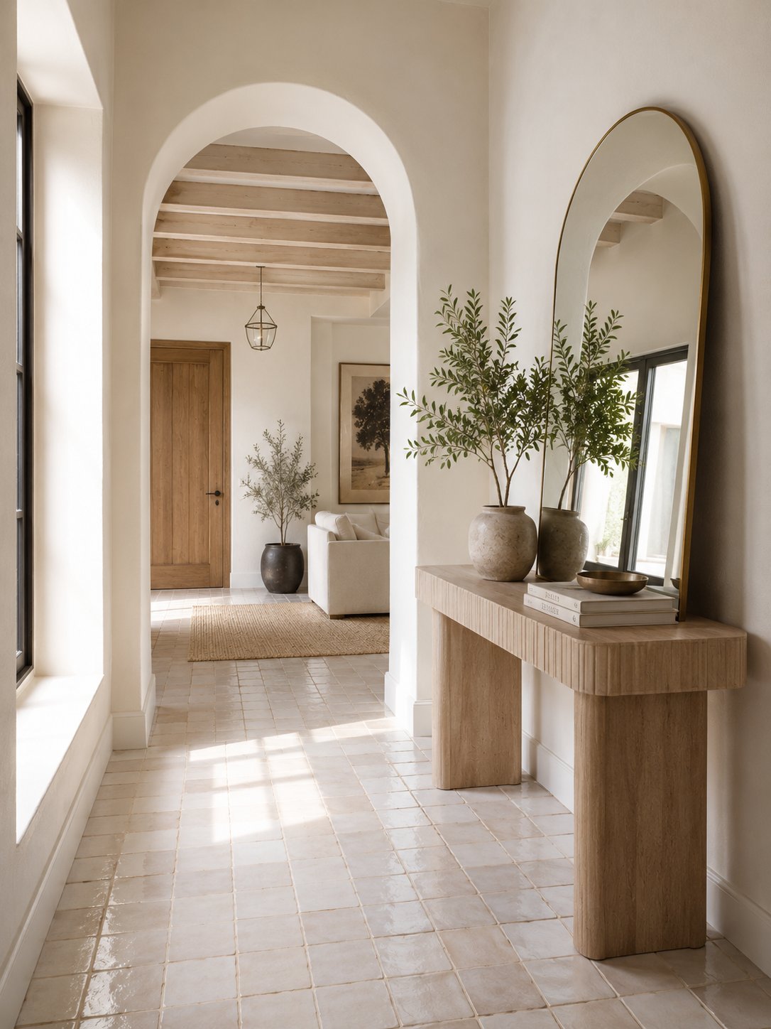 Bright entryway with arch and travertine console