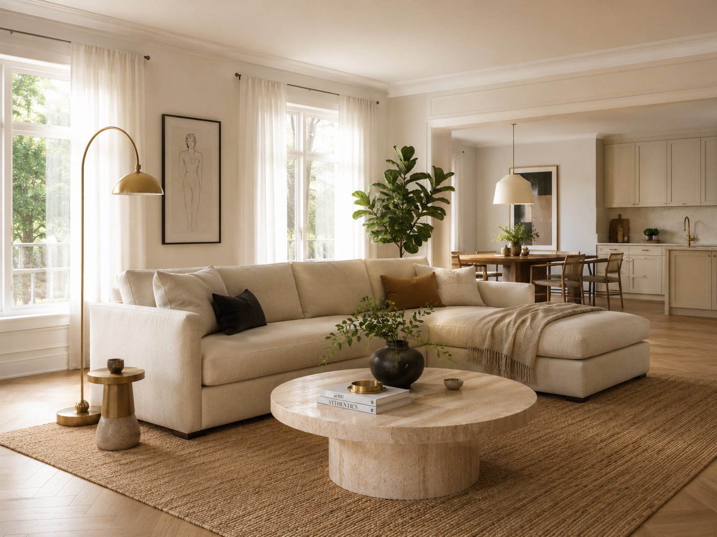 Bright living room with travertine table
